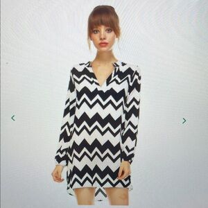 Elegant Black and White Chevron Long Sleeve Dress New w tags